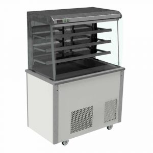 Refrigerated display with curved glass, open front with solid back and front controls, model VC3RDFC